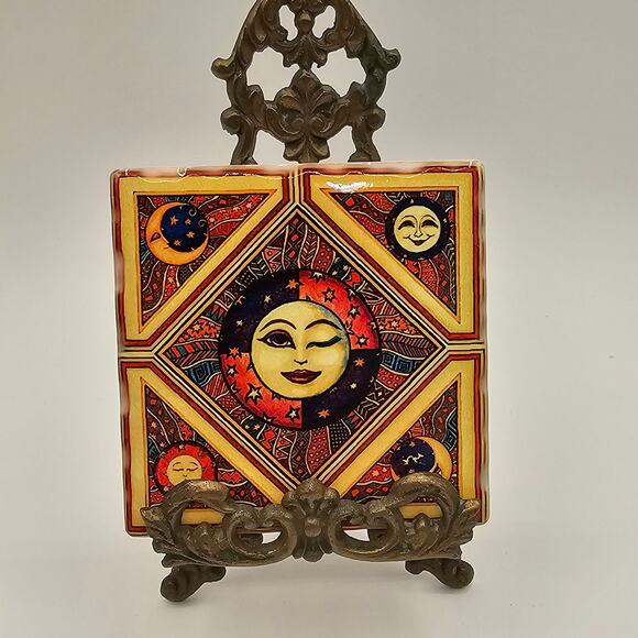 Colorful Retro Boho Sun and Moon Face Coasters Set of 4 - Unique Home Decor - Picture 3 of 10